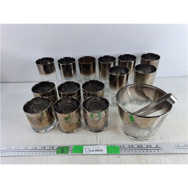 (14) Silver Fade Glasses & Glass Ice Bucket w/Tongs