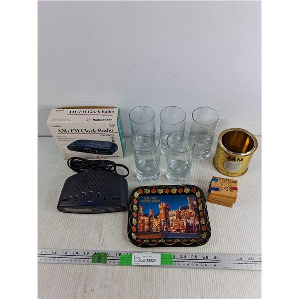 AM/FM Clock Radio - Powers On, As Is, (5) Glasses, Vintage Jam Can, Casa Loma Tray 8" x 6 5/8"