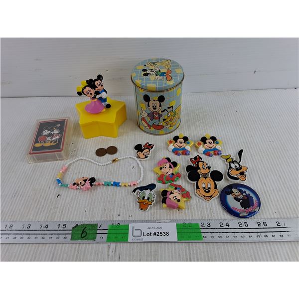 Mickey Mouse Can, Lapel Pins, Minnie Mouse Necklace, Playing Cards, Misc