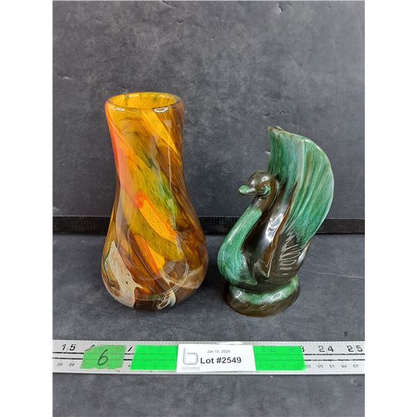 Art Glass Swirl Vase & Vintage Ceramic Swan Figurine