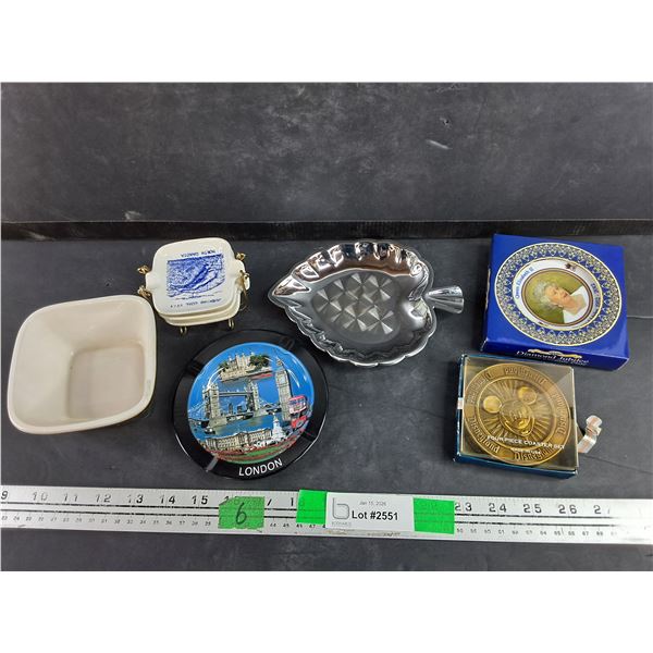 Assorted Ash Trays, Diamond Jubilee Souvenir Ceramic Plate, Mickey Mouse Coaster Set, Ceramic Dish
