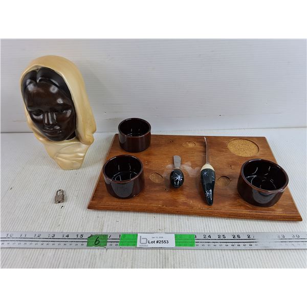 Ceramic Bust, Wooden Condiment Server Tray w/Bowls & Utensils