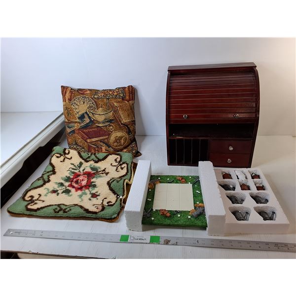 Garden Style Tic Tac Toe Game, Throw Pillow with Cover, Wooden Storage Cabinet 13.5" x 10" x 15"- As