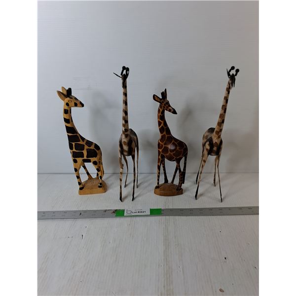 (4) Wooden/Metal Giraffe Figurines Up to 14.5"