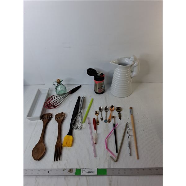Kitchen Lot- Cat Pitcher 10.5", Whisks, Souvenir Spoons, Misc.
