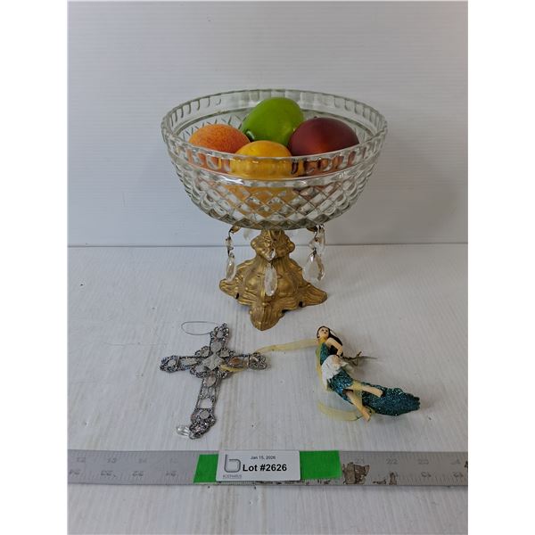 Glass Footed Bowl with Artificial Fruit & Tree Ornaments