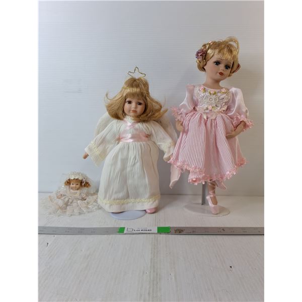 (3) Porcelain Dolls- Ballerina, Angel, Bride & Two Stands Up to 16"