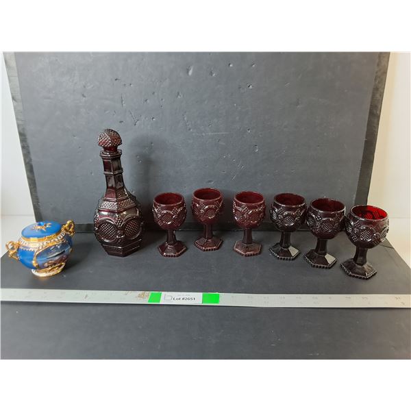 Ruby Glass Decanter & (6) Wine Glasses, Titanic Music Box