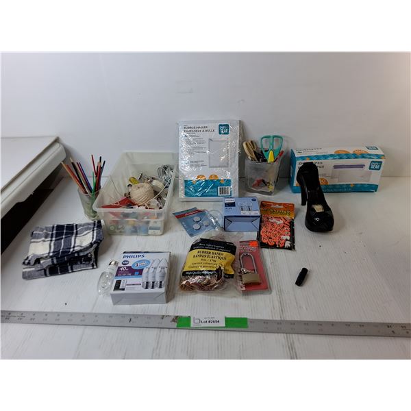 Envelopes, Rubber Bands, Tape Dispenser, Misc.