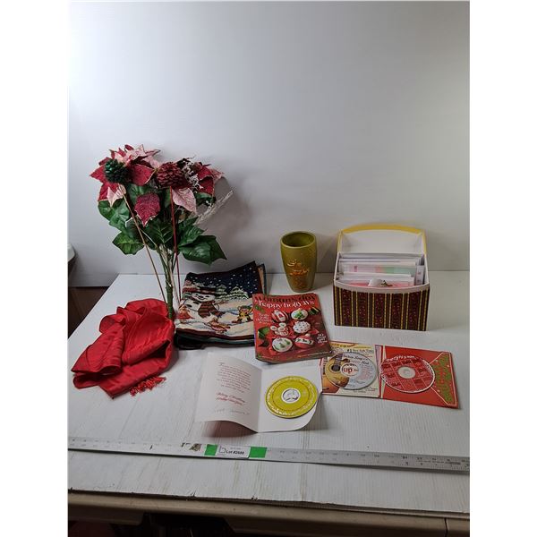 Christmas Lot- Placemats, CDs, Artificial Poinsettia, Misc.