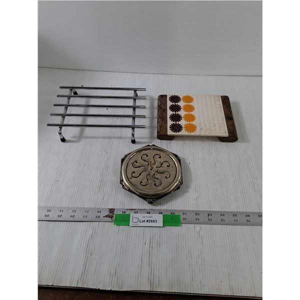 Tray/ Trivet Lot, Vintage Rounds Plated Tray, Made In Spain Tile & Wood Trivet, Misc