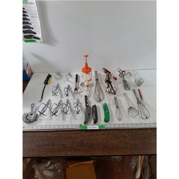 Kitchen/ Hardware Lot, Hand Held Beaters, Whisks, Large BBQ Fork, Misc