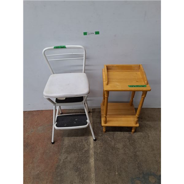 *White Cushioned Work Bench Chair, (2) Tier Wooden Shelf, Measurements in Pics - CANNOT SHIP