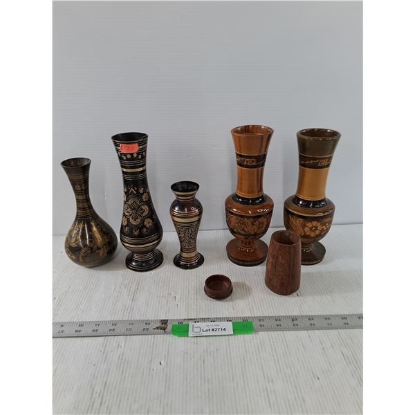 Lot of Various Brass/ Wooden Vases, Misc, Tallest is 10 1/4"
