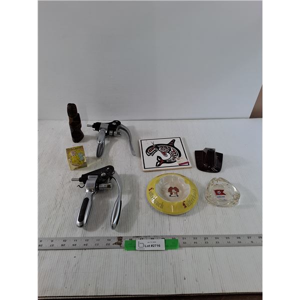 Various Collectible Items, Advertising Ashtrays, West Coast Indigenous Art Coaster, Pen Stand, Misc