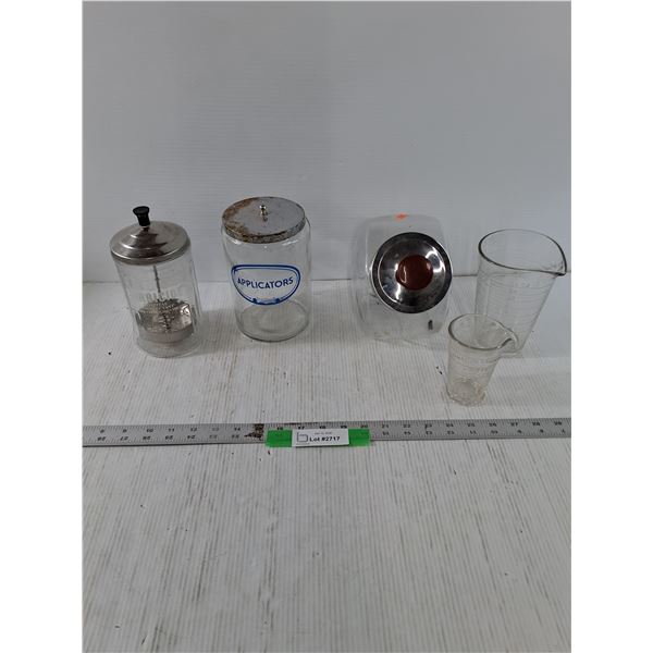 Lot of Various Glass Lab Supplies, Measuring Beakers, Storage Jar w/ Lid, misc