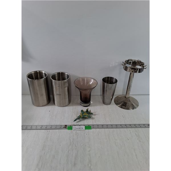Various Stainless Kitchen Utensil Holders, Glass Decor Vase, Small Toy Airplane