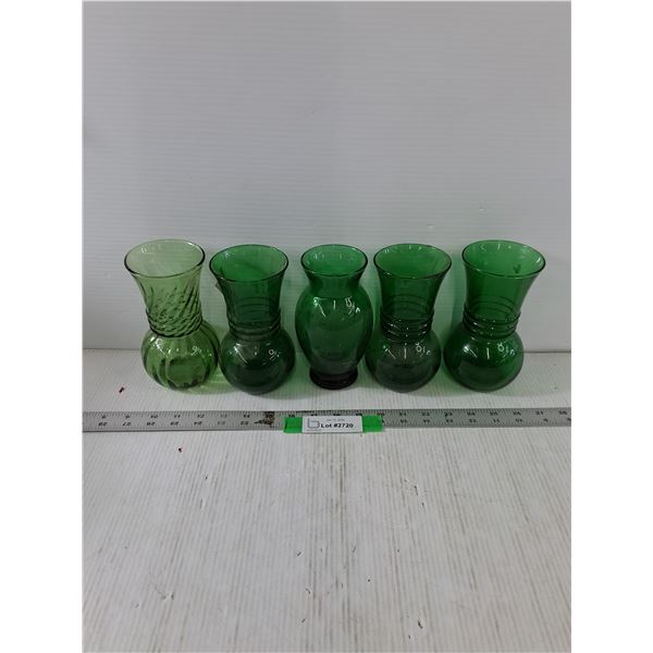 (5) Green Glass Vases, All 6.5" Tall