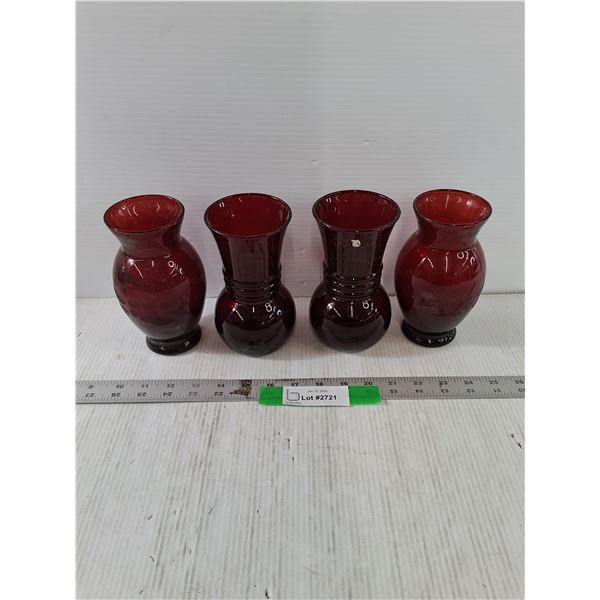 (4) Ruby Red Glass Vases, All 6.5" Tall