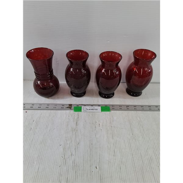 (4) Ruby Red Glass Vases, All 6.5" Tall