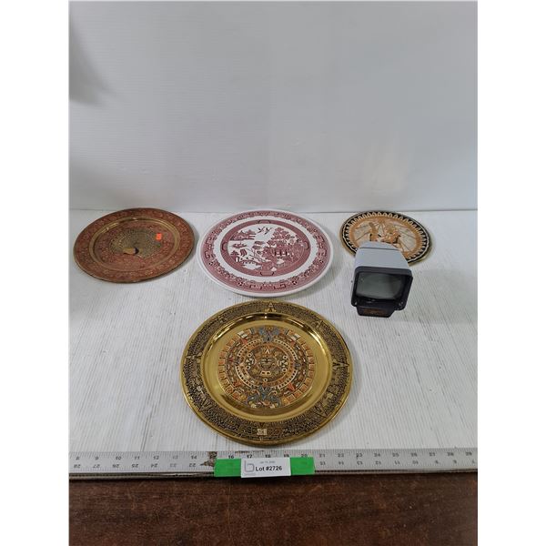 Vintage Slide Viewer, (4) Decorative Ceramic/ Brass Collectors Plates, Largest Is 11.5" Diameter