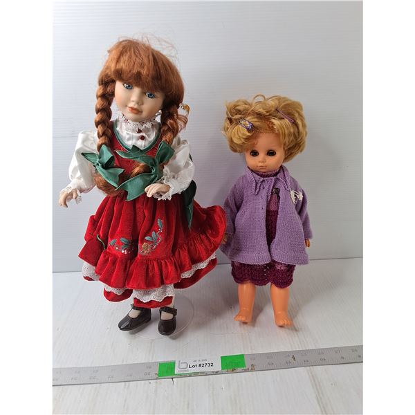 Vintage Plastic Doll & Porcelain Christmas Doll with Stand 16"
