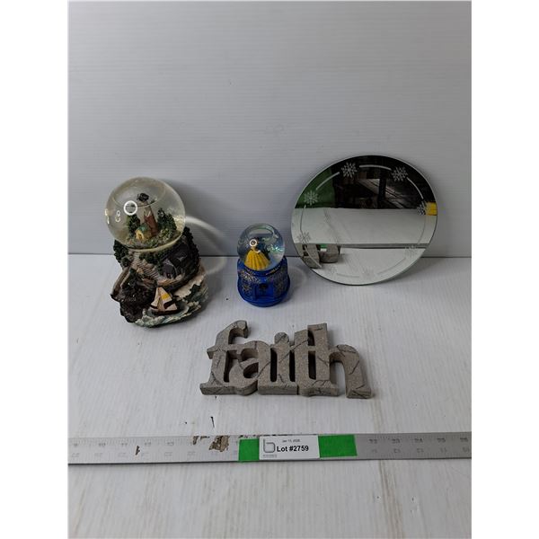 (2) Snowglobes, Mirror & 'Faith' Sign - PICK UP ONLY