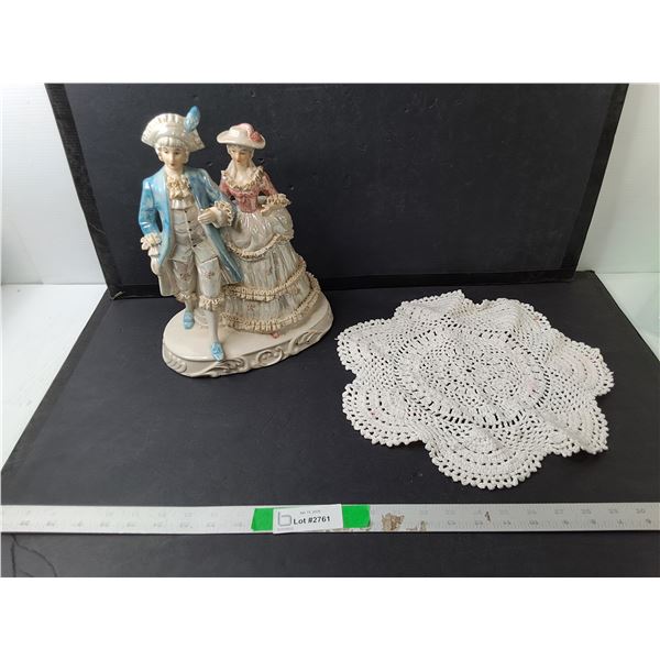 Victorian Style Ceramic Figurine 12.5" & Doily