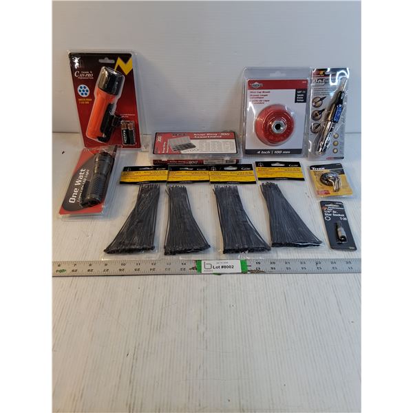 Tool Lot-Snap Ring Assortment,Wire Cup Brush,(4) Cable Ties,Flashlight and more