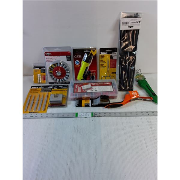 Tool Lot-Wire Cup Brush,Shrink Tube Assortment,Padlock,Flashlight and more in pictures