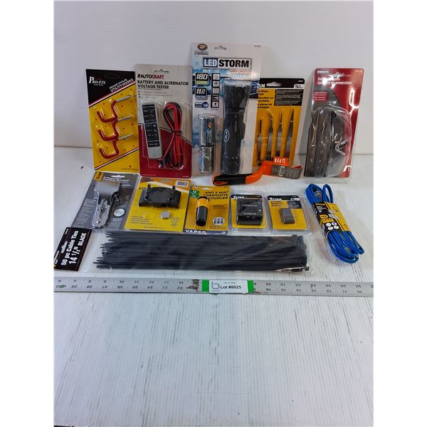 Tool and Accessory Lot-Flashlight,Safety Glasses,Cable Ties,Extension Cord and more as pictured