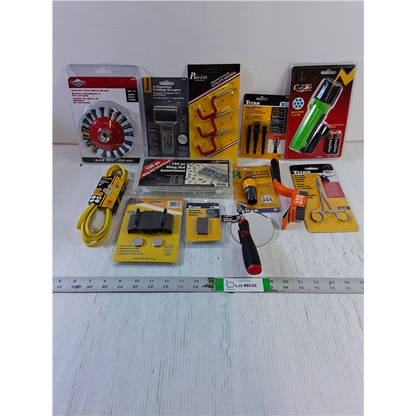 Tool and Miscellaneous Lot-Wire Wheel Brush,Flashlight,Wing Nut Ass't,Inspection Mirror and more