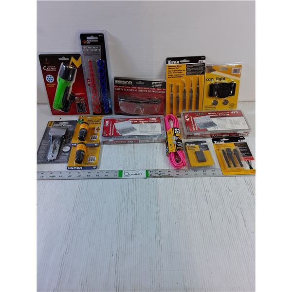 Tool and Miscellaneous Lot-Aluminum Rivet Set,Metric Fasteners Ass't,Flashlight and more in pictures