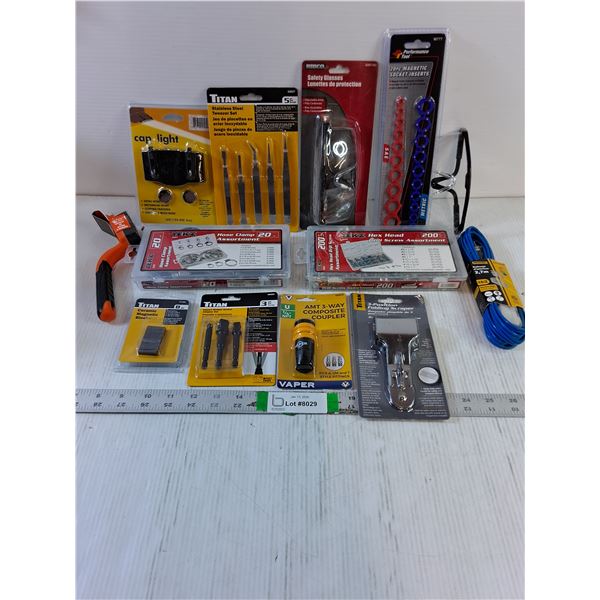 Tool and Misc. Items Lot-Hose Clamp and Hex Head Ass't,Extension Cord,Scraper and more