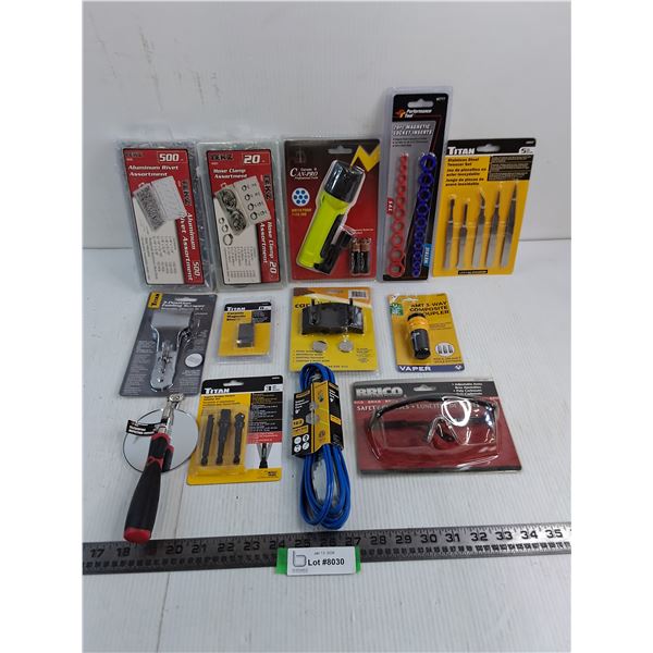 Assorted NIB Tools Lot (Rivets, Tweezers, Scraper, Flashlight)