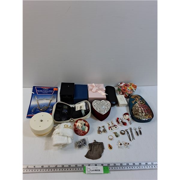 Lot: Various Earrings, Coin Purse, Plate Holder, Empty Boxes