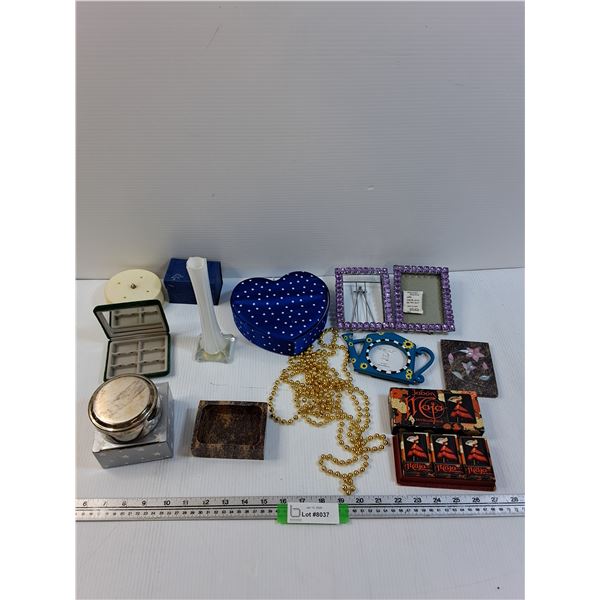 Lot: White Art Glass Vase, Picture Frames, Empty Cases, Soap Set, Misc