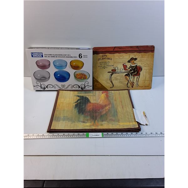 (6) Piece Coloured Glass Bowl Set,(3) Rooster placemats and (1) Cork Back Place Mat