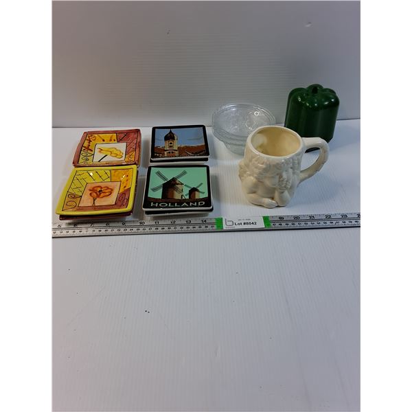 (8) Ceramic Snack/Serving Dishes,(3) Glass Bowls,Mug,Pepper Storage Container
