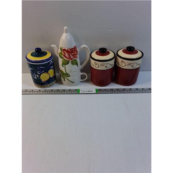 Teapot For One and (3) Ceramic Canisters