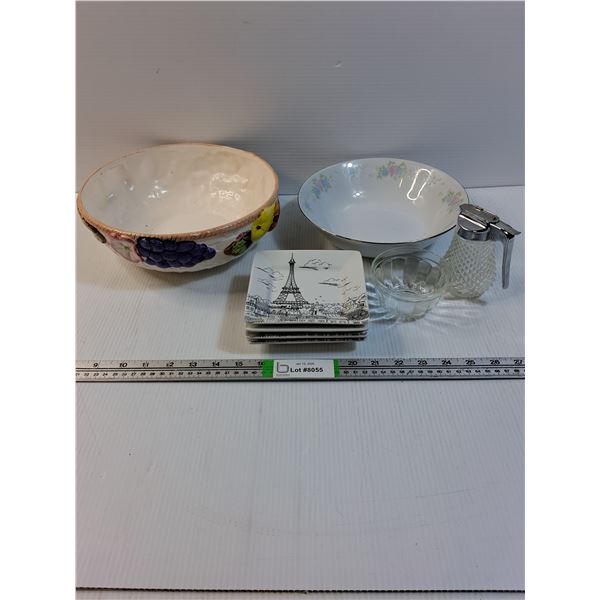 China Garden Bowl,Ceramice Fruit Bowl,(4) Salad Plates,(2) Clear Glass Bowl and Cream Dispenser