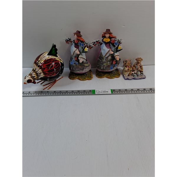 (2) Giggles&Gifts Figurines,Cherished Teddies Ornament and Metal Rooster Home Decor