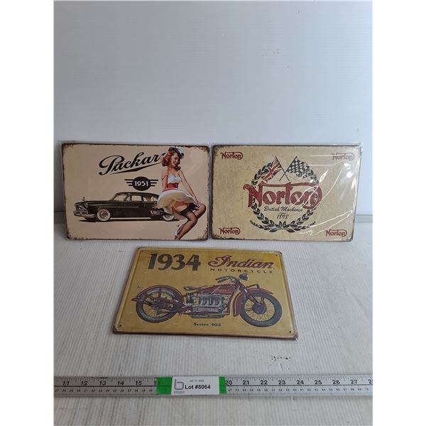 (3) Metal Signs- Norton, Indian Motorcycle, 12" x 8"