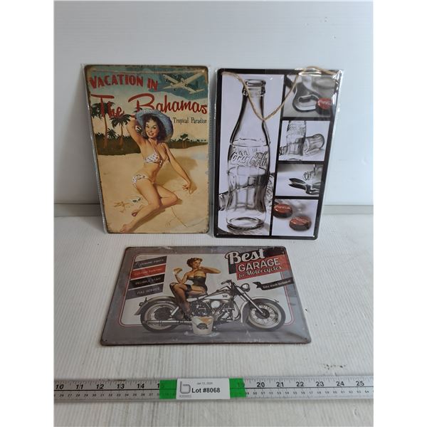 (3) Metal Signs- Coca-Cola,  Garage Signs, 12" x 8"