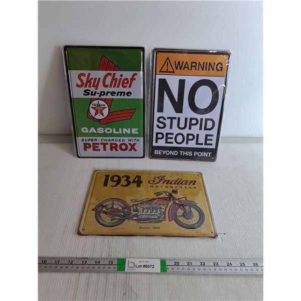 (3) Metal Garage Signs - Indian Motorcycle, Sky Chief Su-preme, 12" x 8"