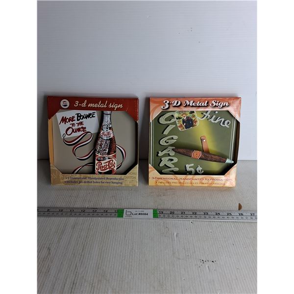 (2) 3-D Metal Signs- Cigars, Pepsi Cola, 9" x 9"