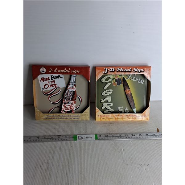 (2) 3-D Metal Painted Signs- Pepsi Cola, Cigars, 9" x 9"