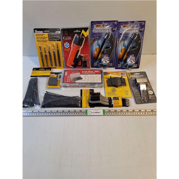 Tool Lot-(2) Candle Lighters,Cap Light,Flashlight,Snap Ring Assortment and more