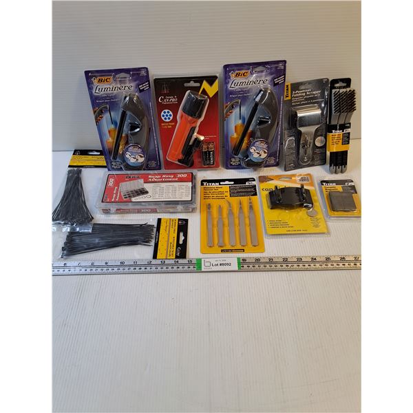 Tool Lot-(2) Candle Lighters,Cap Light,Flashlight,Snap Ring Assortment and more