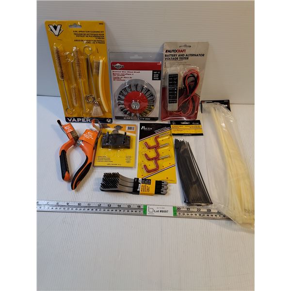 Tool Lot-Wire Wheel Brush,Battery/Alternator Voltage Tester,(2) Cable Ties and more